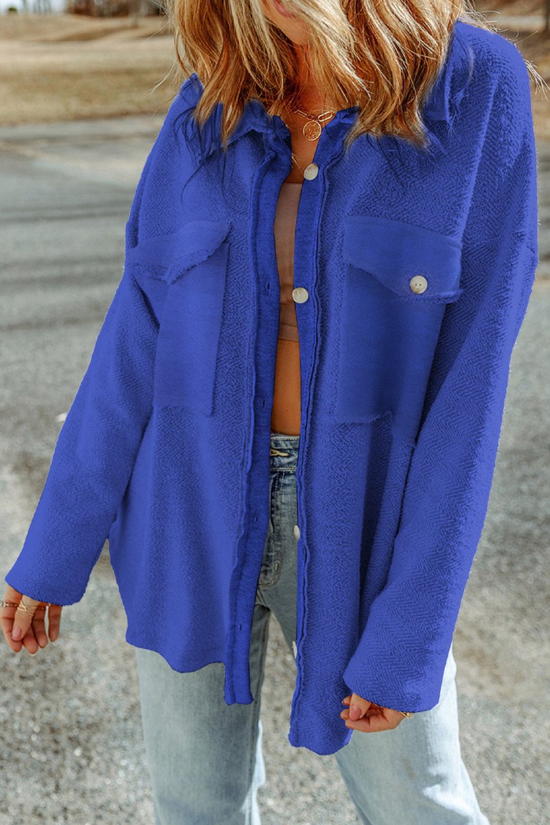 Pocketed Button Up Droppped Shoulder Jacket - Outerwear