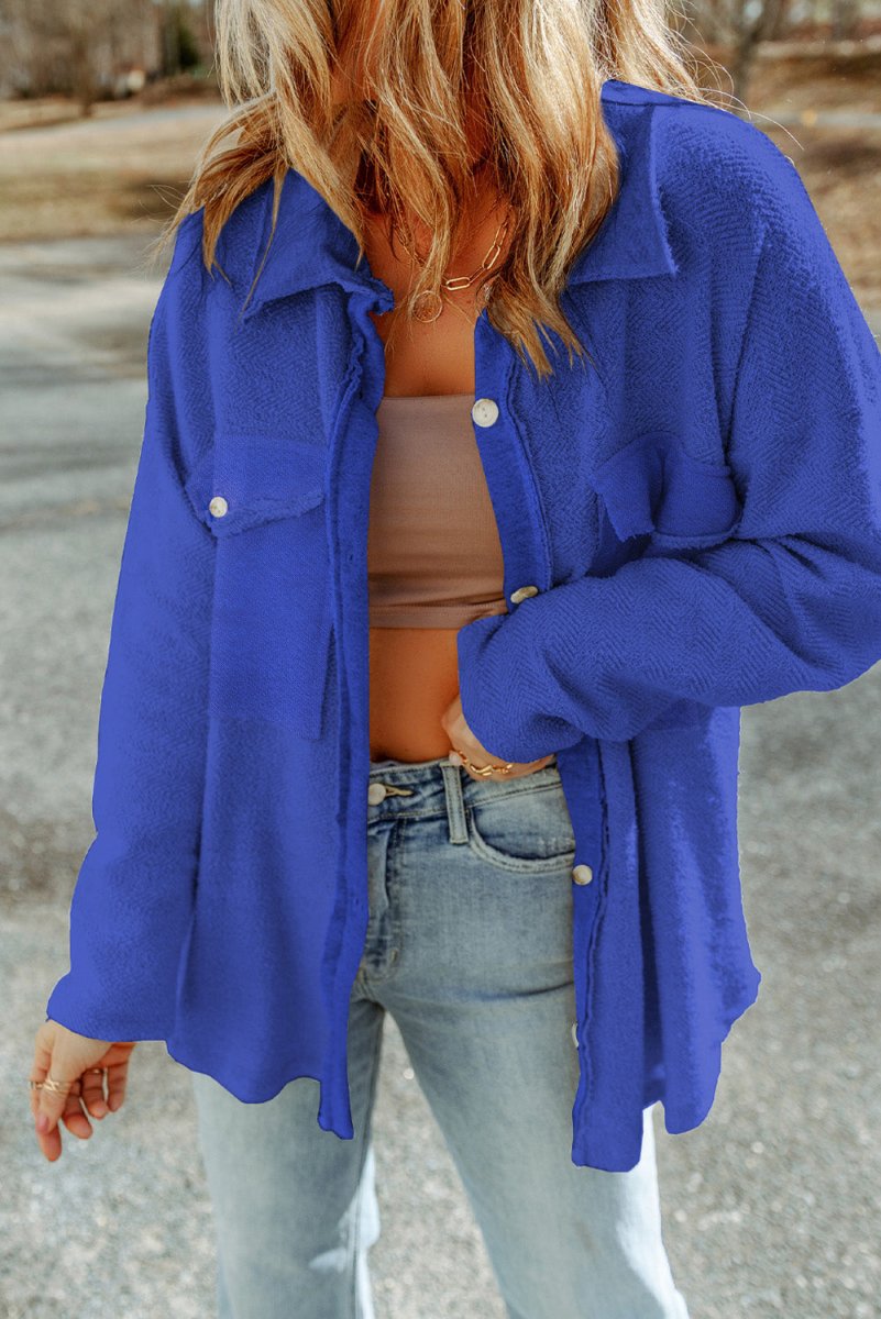 Pocketed Button Up Droppped Shoulder Jacket - Outerwear