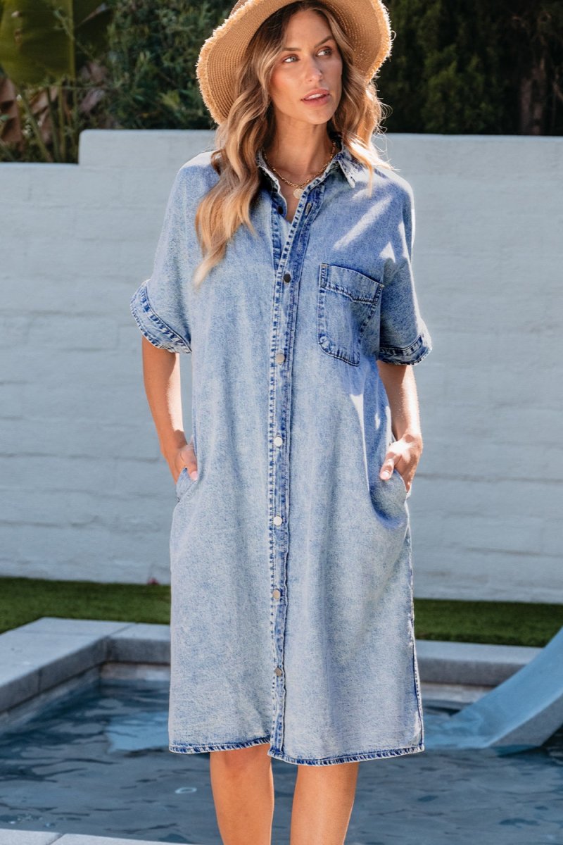 Pocketed Button Up Half Sleeve Denim Dress - Denim Dress