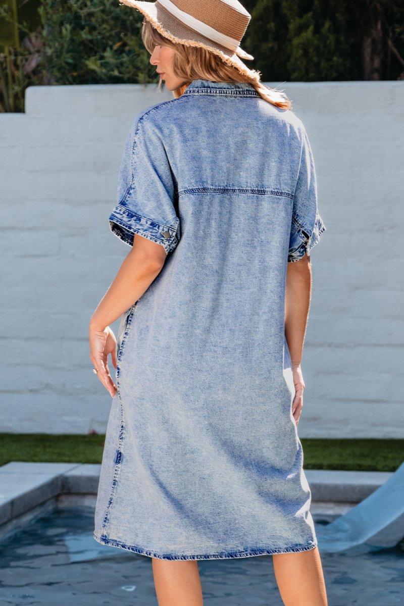 Pocketed Button Up Half Sleeve Denim Dress - Denim Dress