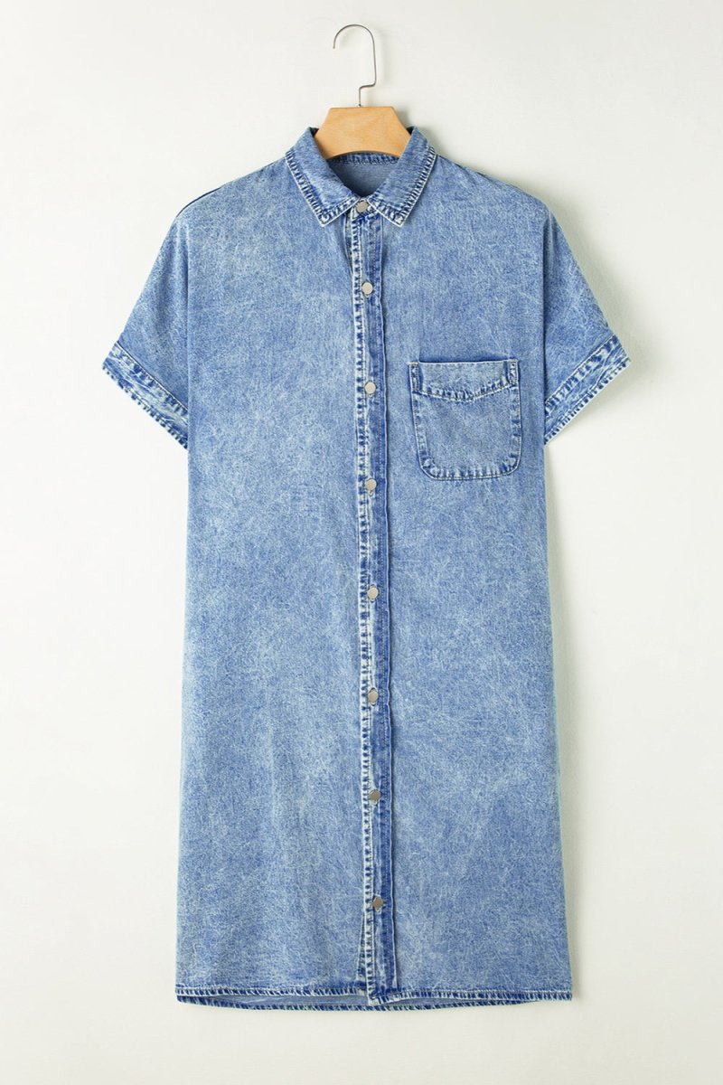 Pocketed Button Up Half Sleeve Denim Dress - Denim Dress