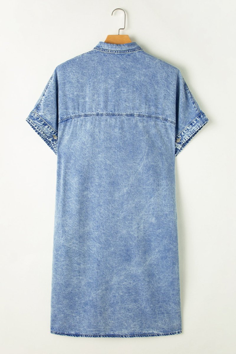Pocketed Button Up Half Sleeve Denim Dress - Denim Dress