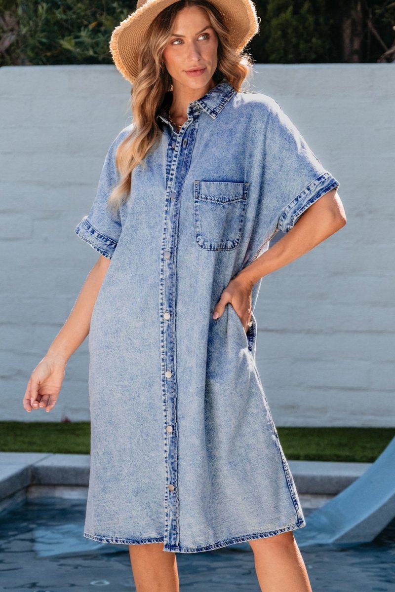 Pocketed Button Up Half Sleeve Denim Dress - Denim Dress