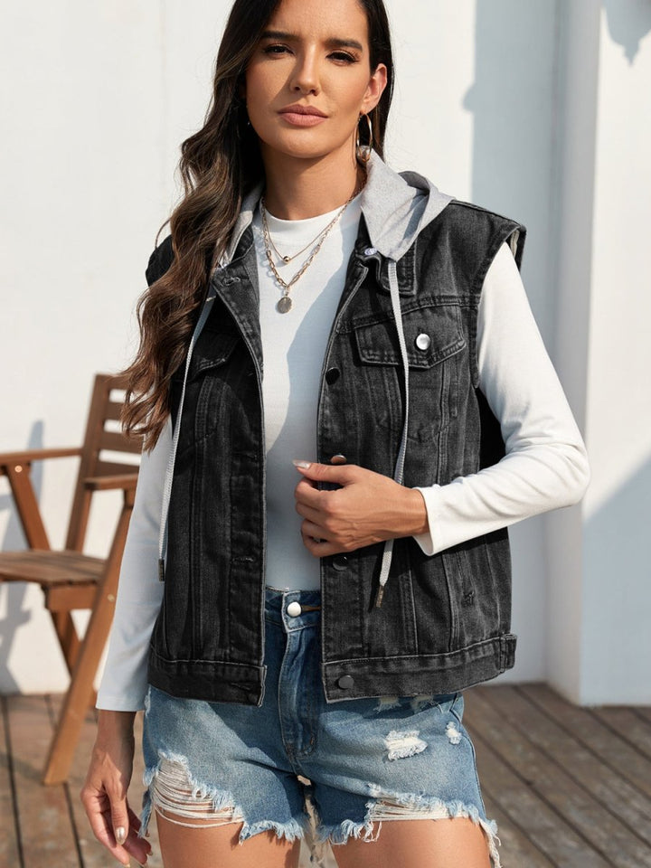 Pocketed Button Up Hooded Denim Jacket - Outerwear