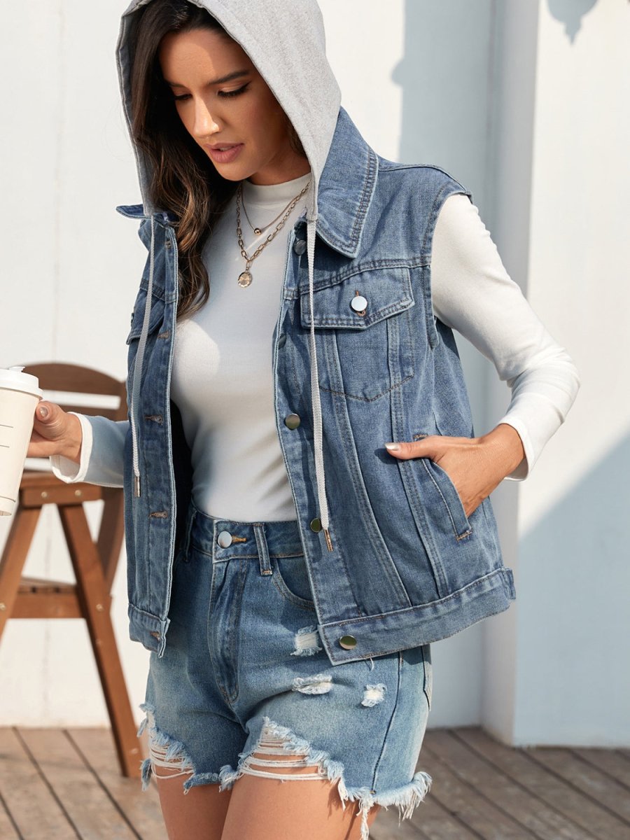Pocketed Button Up Hooded Denim Jacket - Outerwear