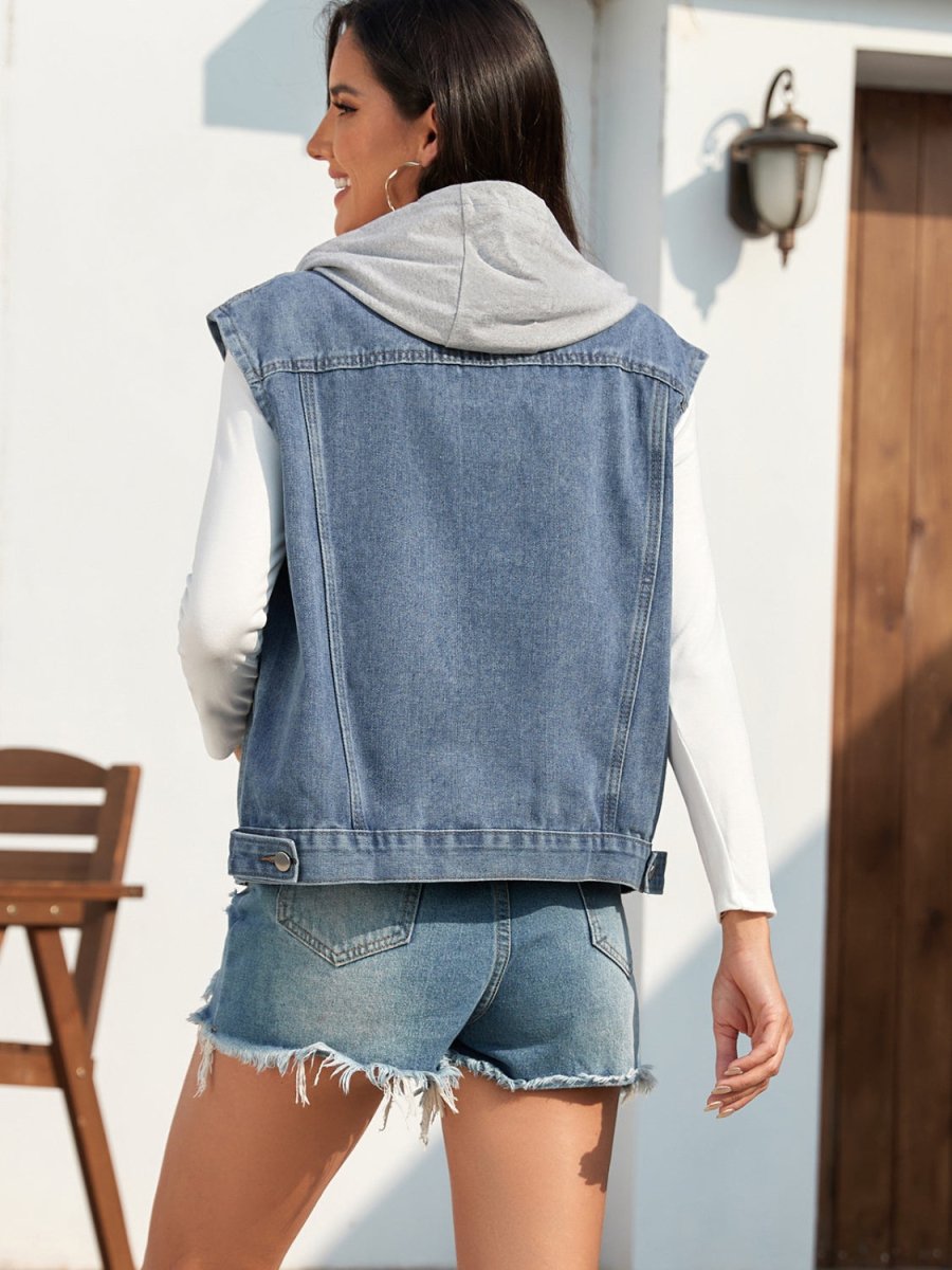 Pocketed Button Up Hooded Denim Jacket - Outerwear