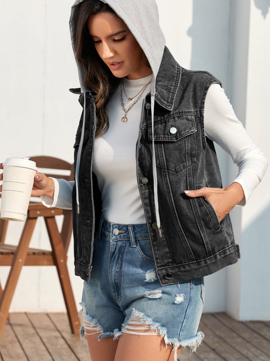 Pocketed Button Up Hooded Denim Jacket - Outerwear
