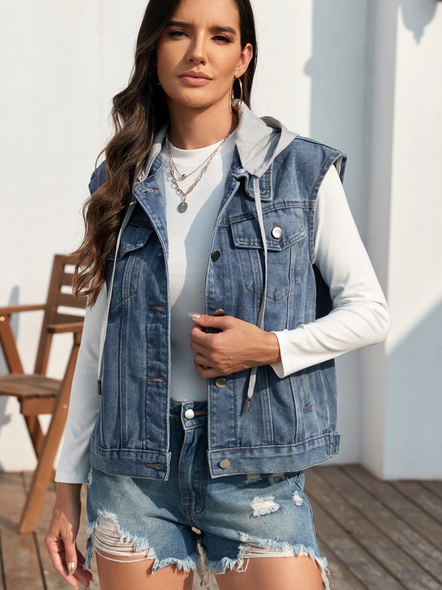 Pocketed Button Up Hooded Denim Jacket - Outerwear