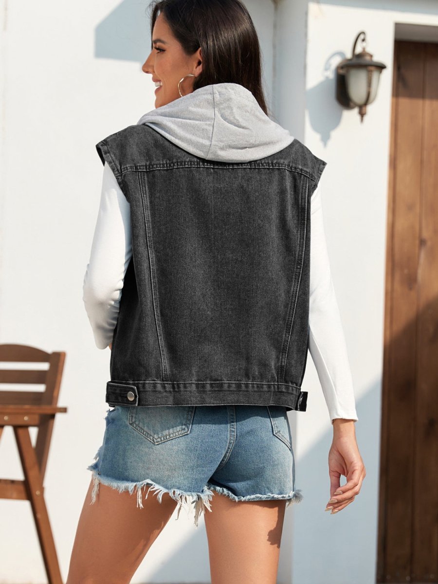 Pocketed Button Up Hooded Denim Jacket - Outerwear