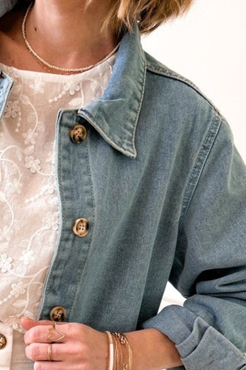 Pocketed Button Up Long Sleeve Denim Jacket - Outerwear