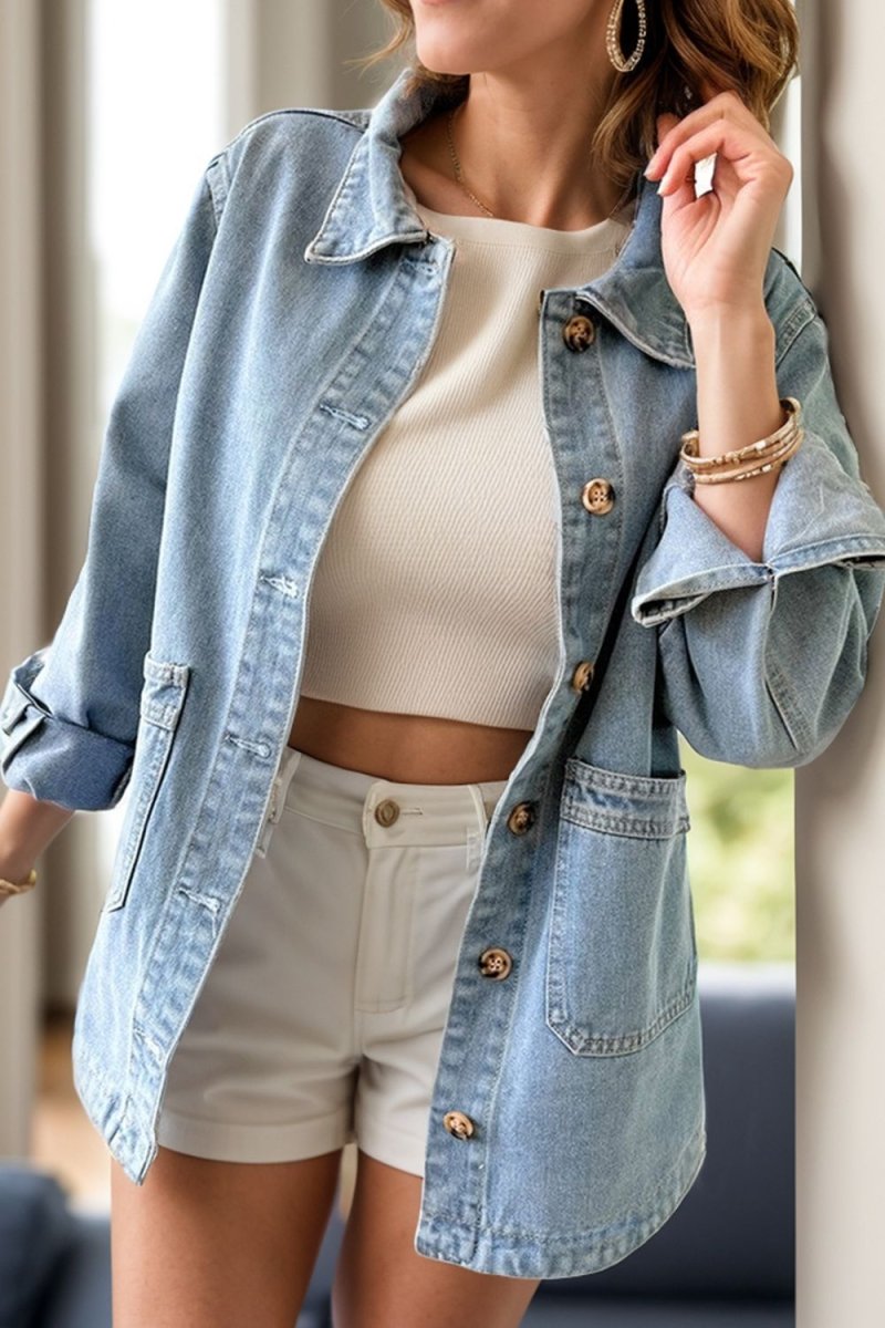 Pocketed Button Up Long Sleeve Denim Jacket - Outerwear