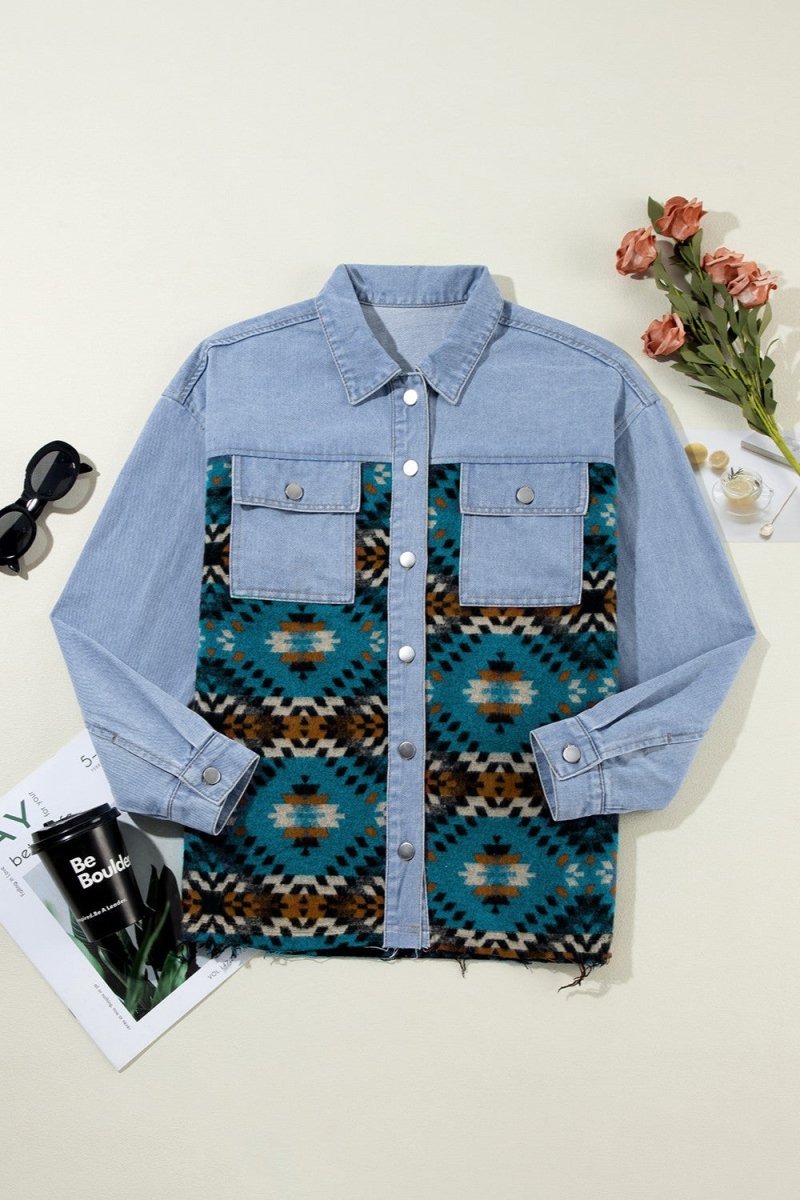 Pocketed Button Up Long Sleeve Denim Jacket - Outerwear