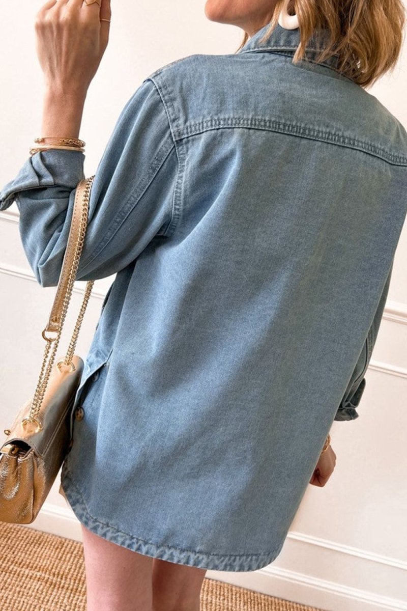 Pocketed Button Up Long Sleeve Denim Jacket - Outerwear
