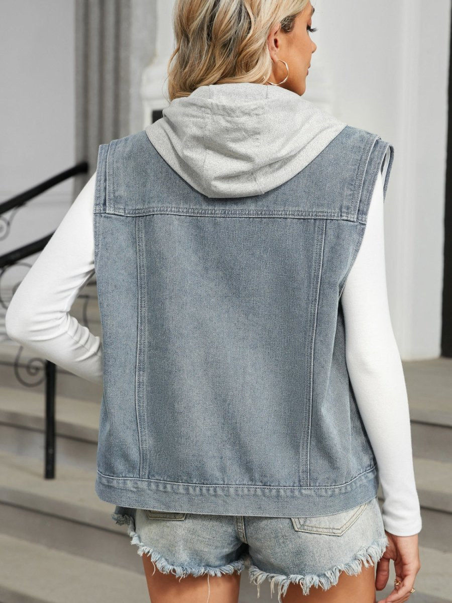 Pocketed Button Up Sleeveless Denim Jacket - Outerwear