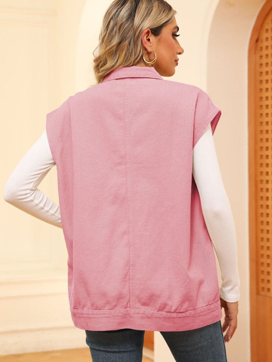 Pocketed Button Up Sleeveless Denim Jacket - Outerwear