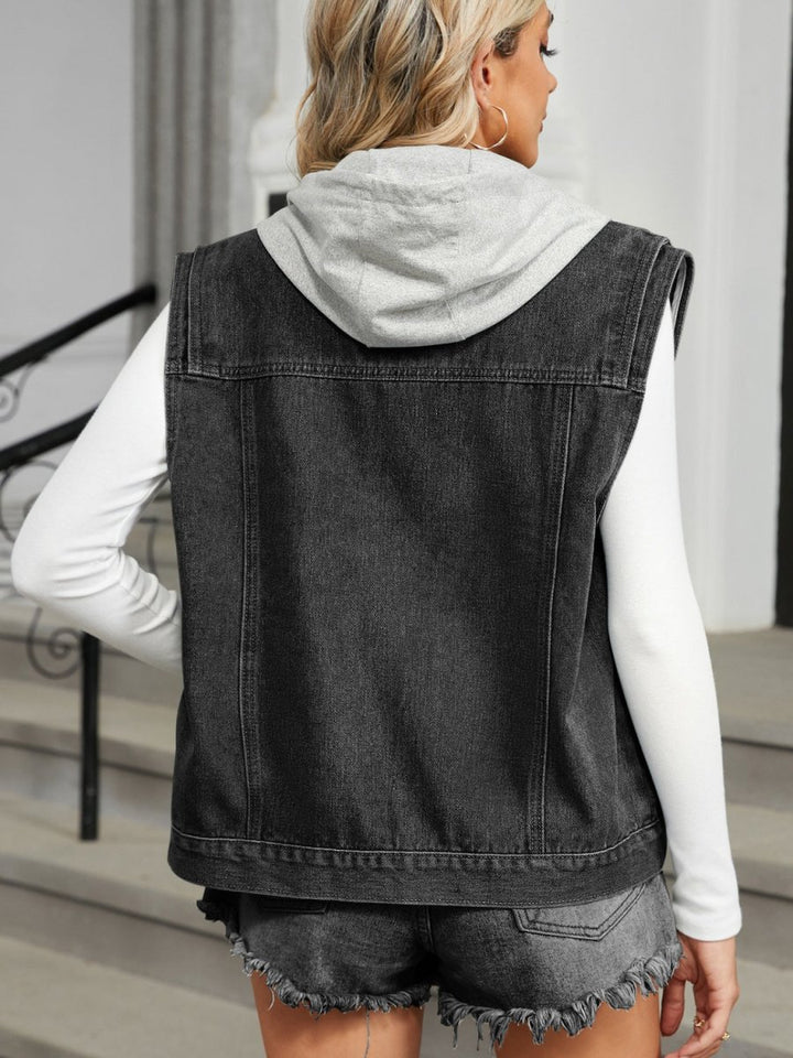 Pocketed Button Up Sleeveless Denim Jacket - Outerwear