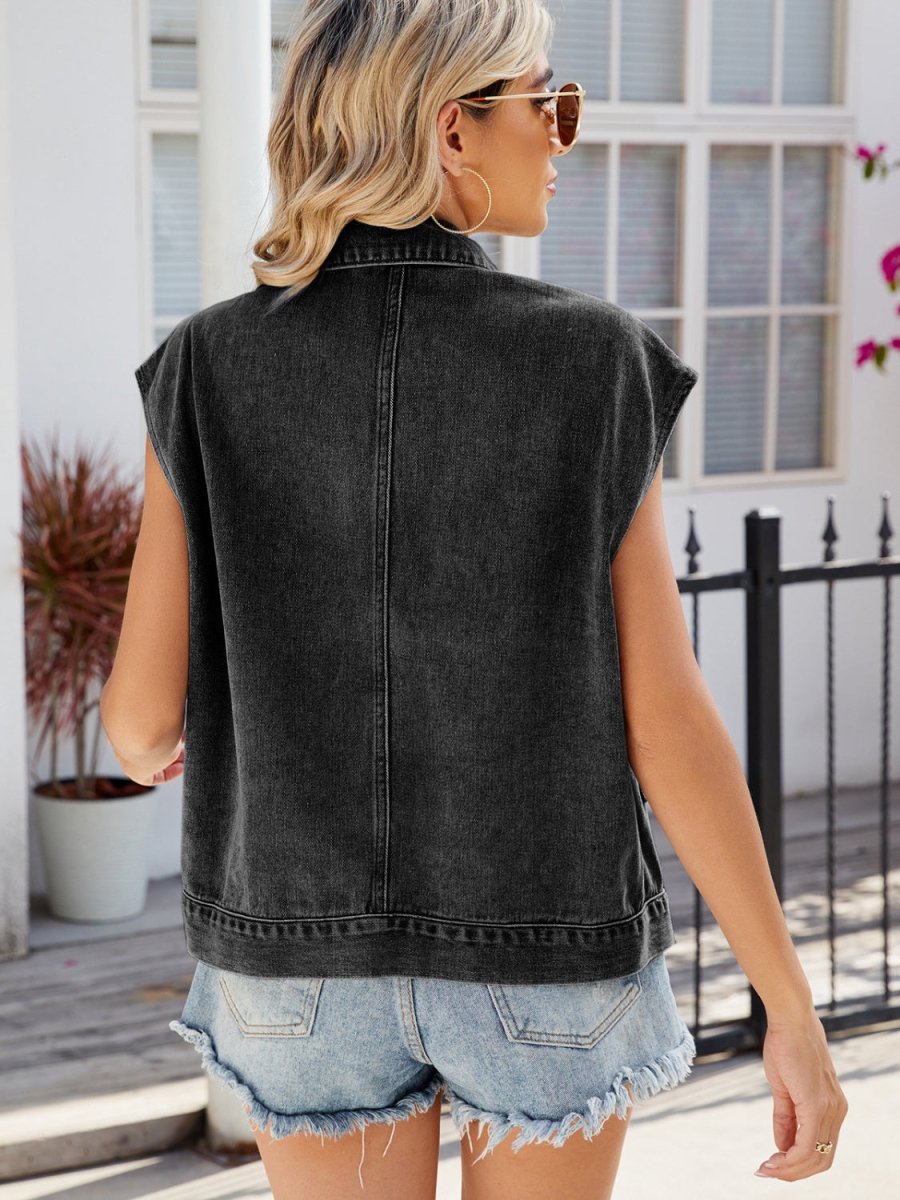 Pocketed Button Up Sleeveless Denim Jacket - Outerwear