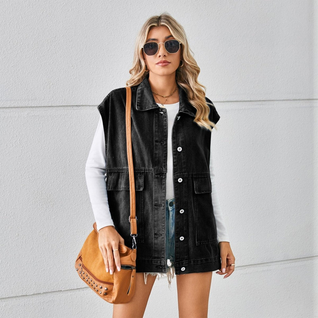 Pocketed Button Up Sleeveless Denim Jacket - Outerwear