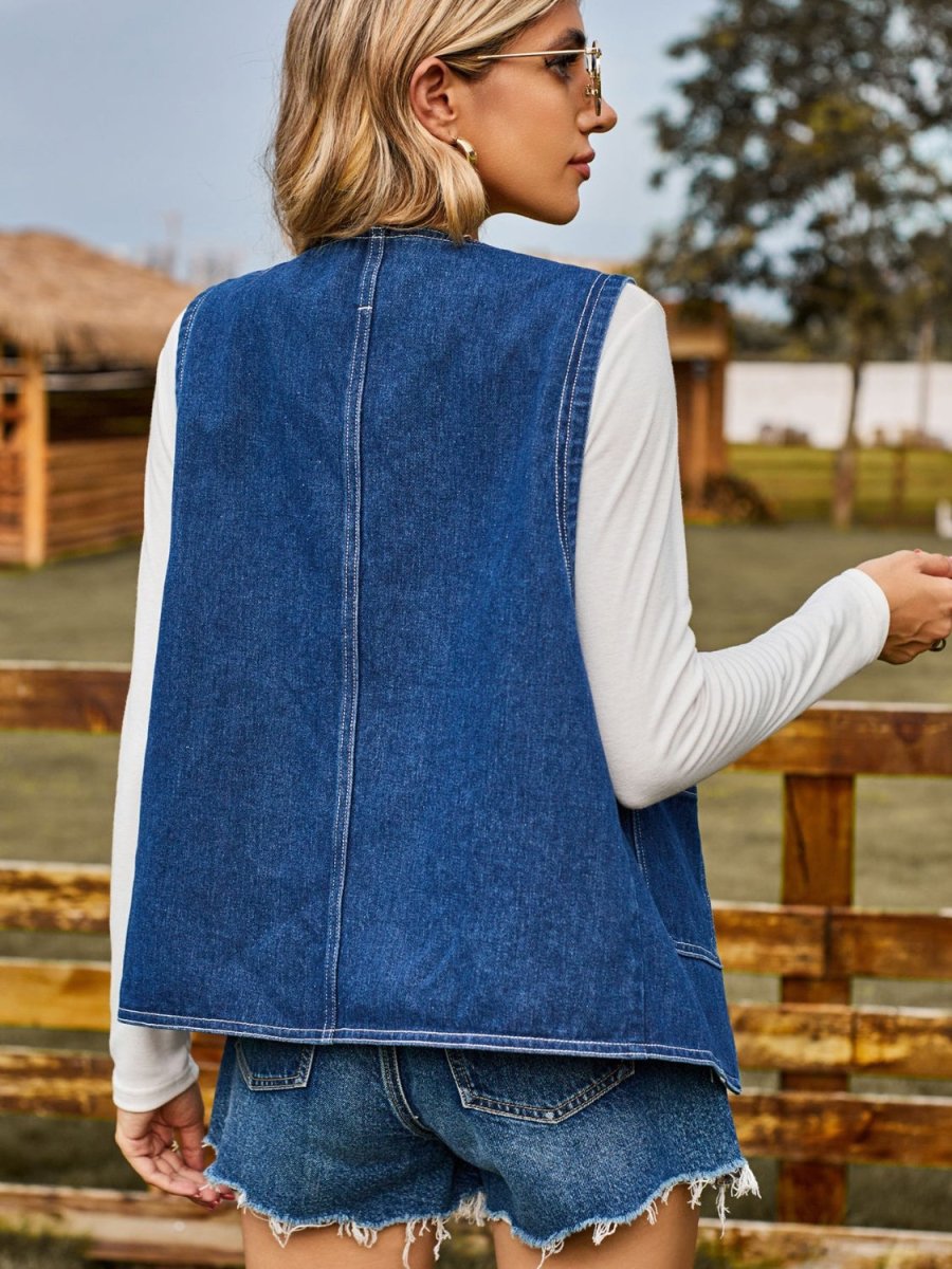 Pocketed Button Up Sleeveless Denim Jacket - Outerwear