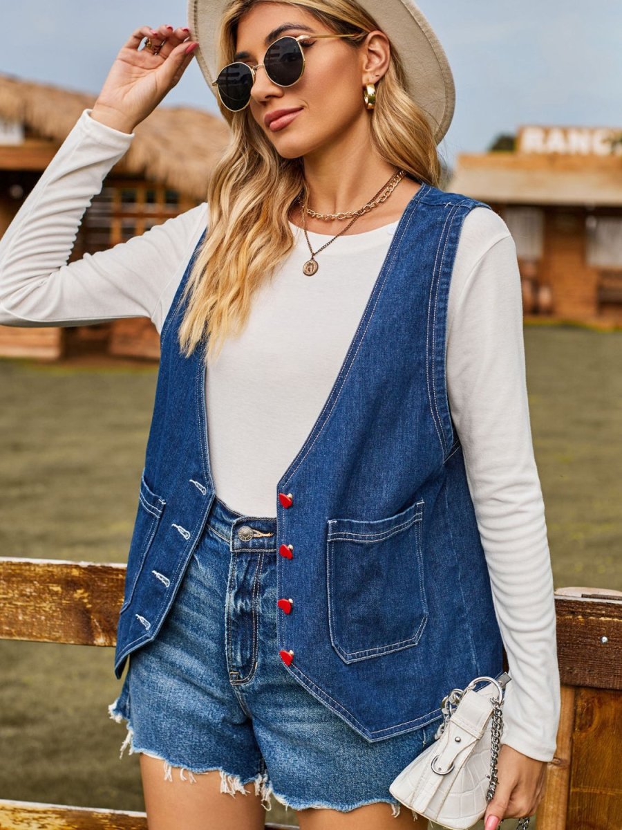 Pocketed Button Up Sleeveless Denim Jacket - Outerwear
