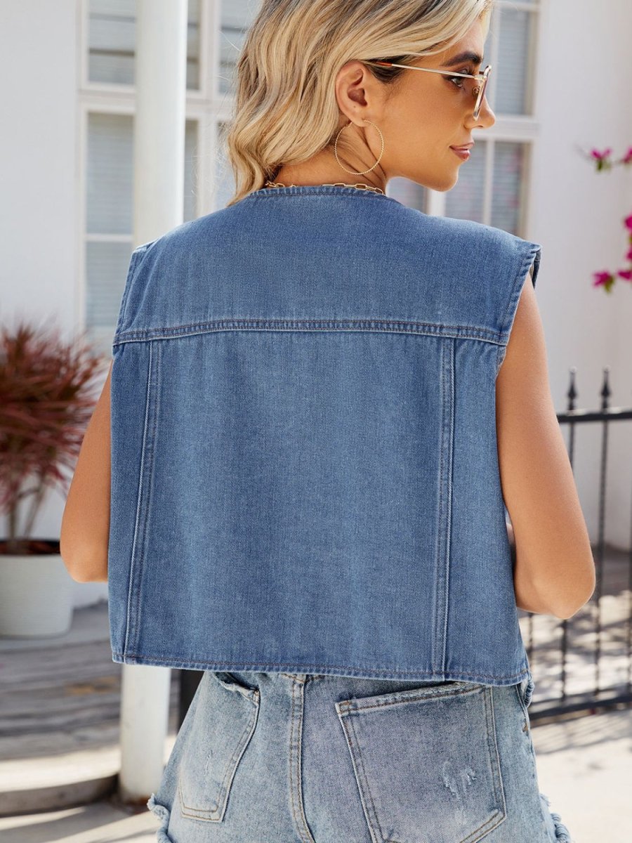 Pocketed Button Up Sleeveless Denim Jacket - Outerwear