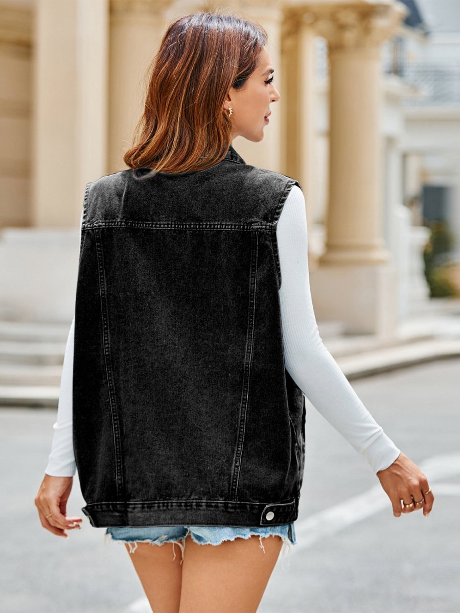 Pocketed Button Up Sleeveless Denim Jacket - Outerwear