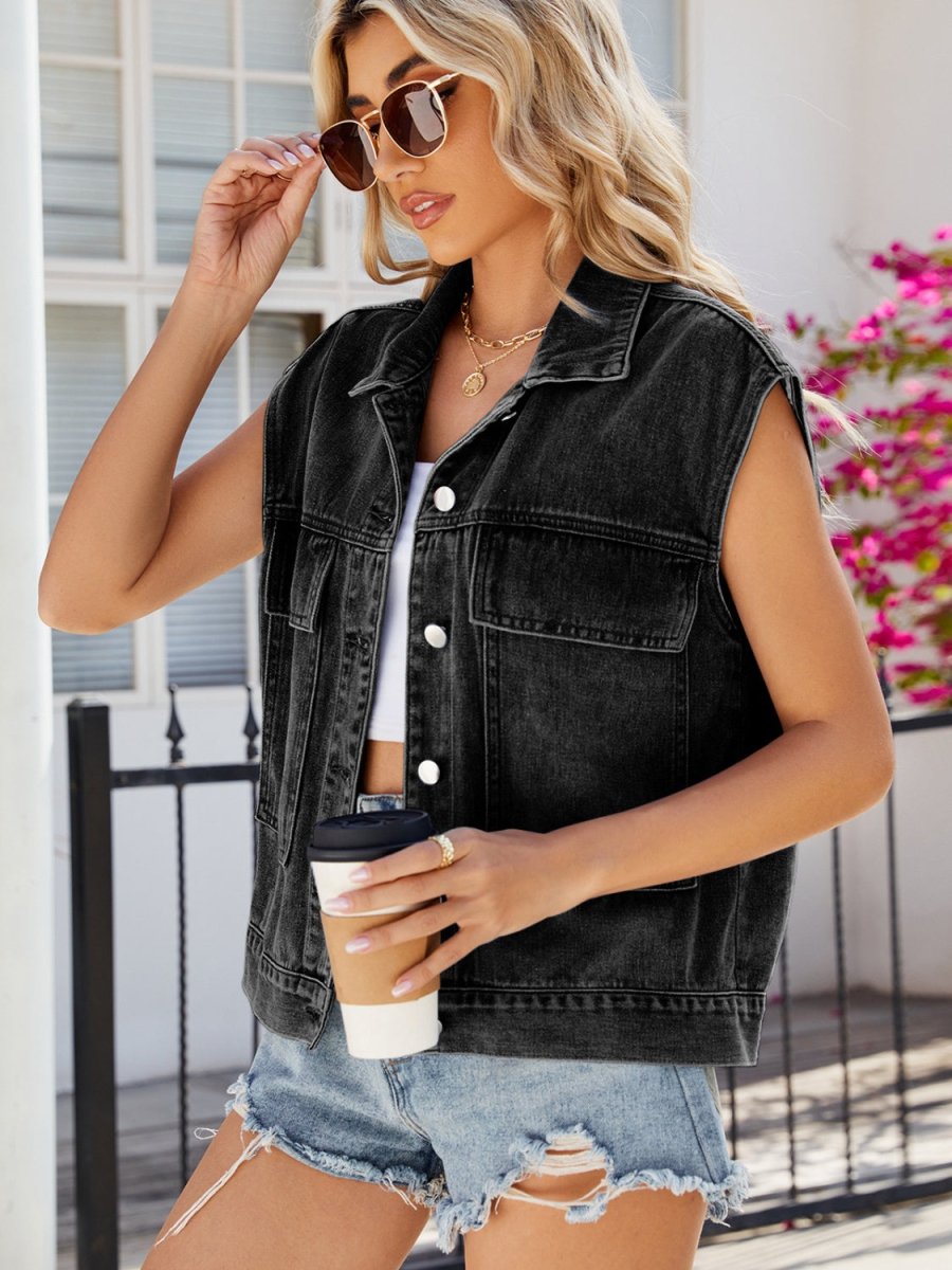 Pocketed Button Up Sleeveless Denim Jacket - Outerwear