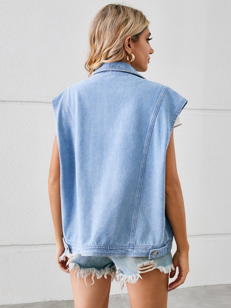 Pocketed Button Up Sleeveless Denim Jacket - Outerwear