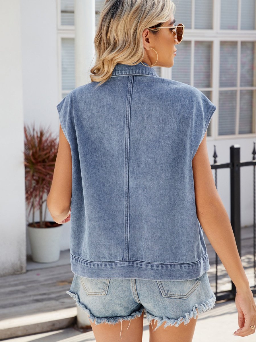Pocketed Button Up Sleeveless Denim Jacket - Outerwear