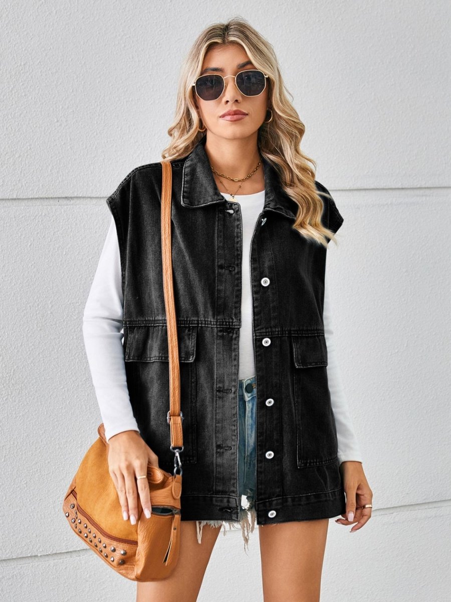 Pocketed Button Up Sleeveless Denim Jacket - Outerwear