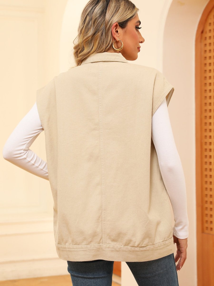Pocketed Button Up Sleeveless Denim Jacket - Outerwear