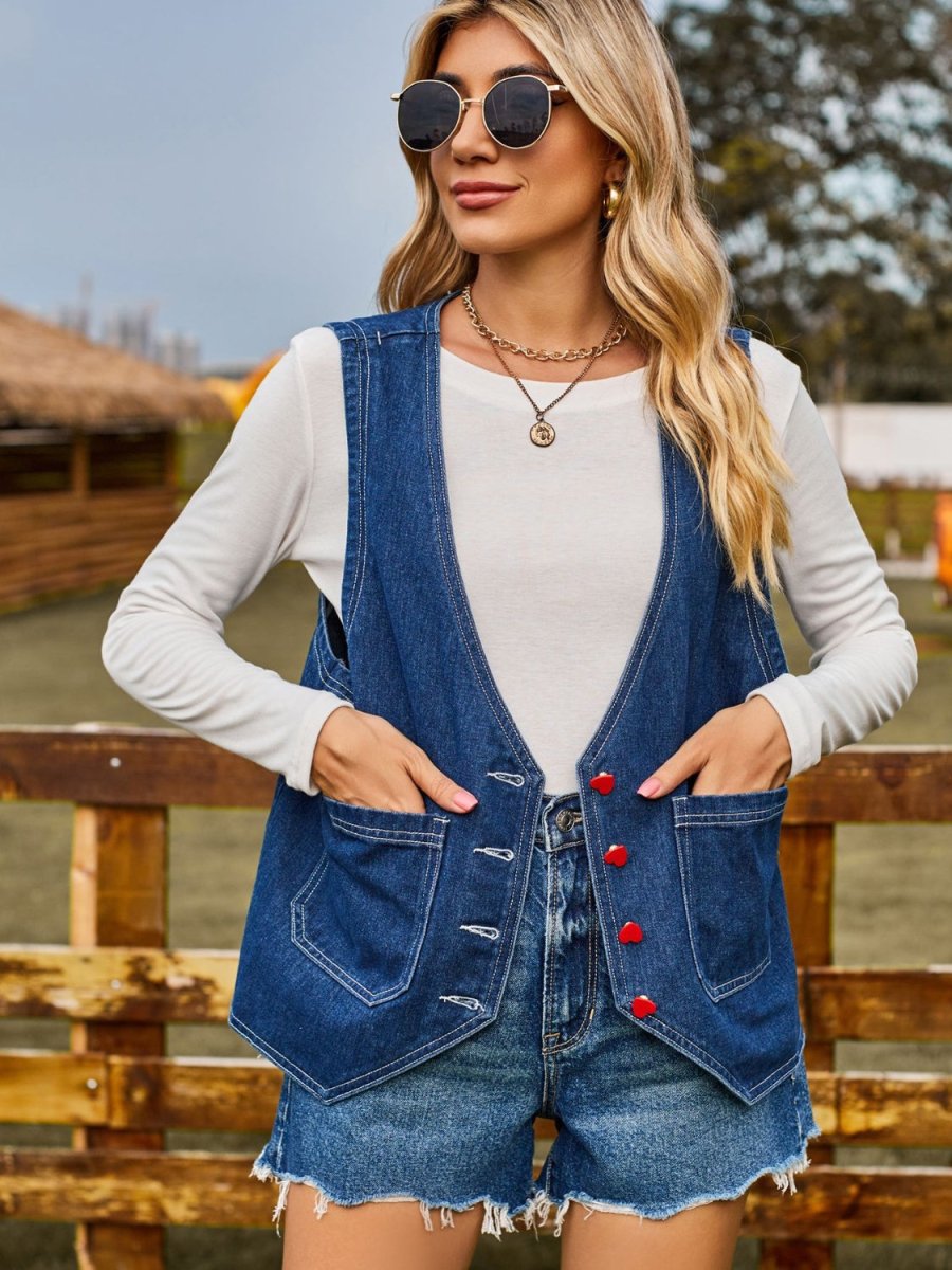 Pocketed Button Up Sleeveless Denim Jacket - Outerwear