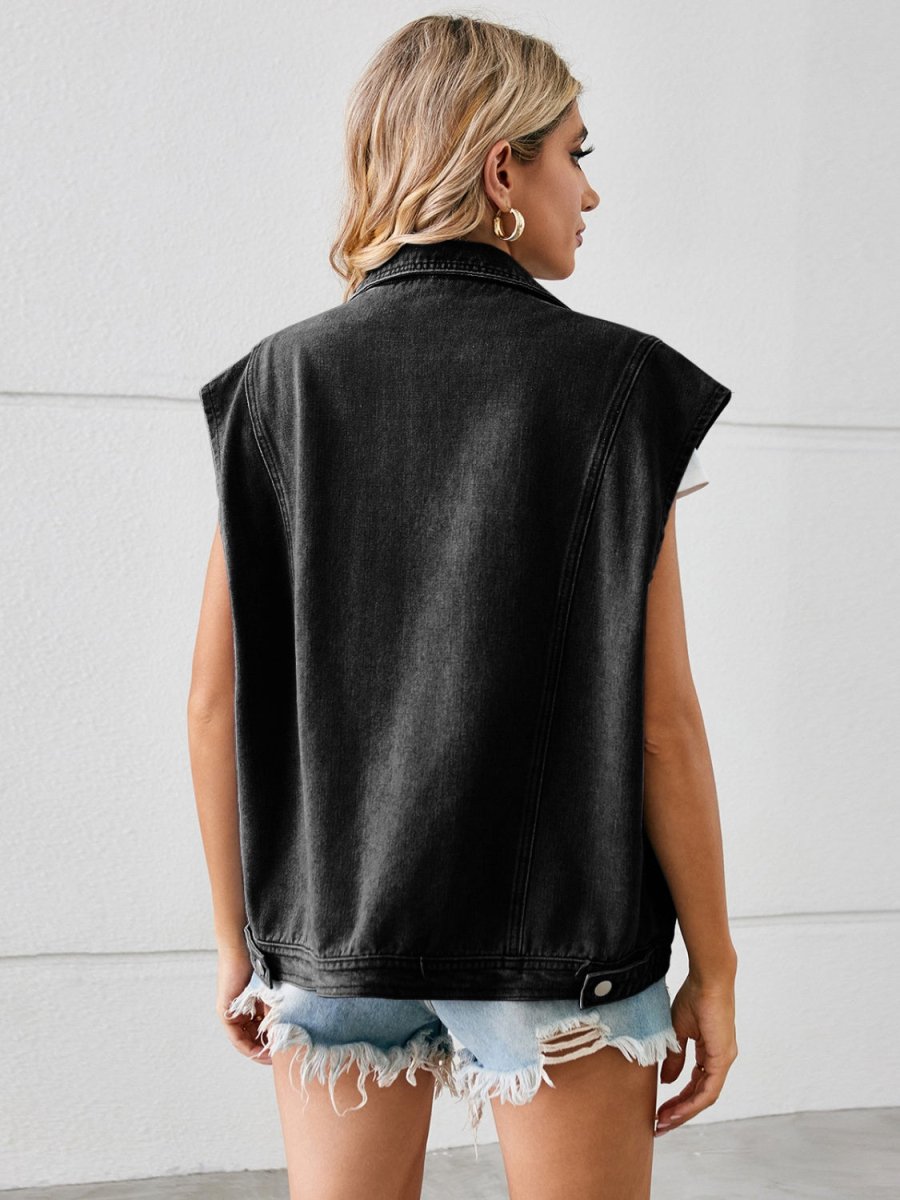 Pocketed Button Up Sleeveless Denim Jacket - Outerwear