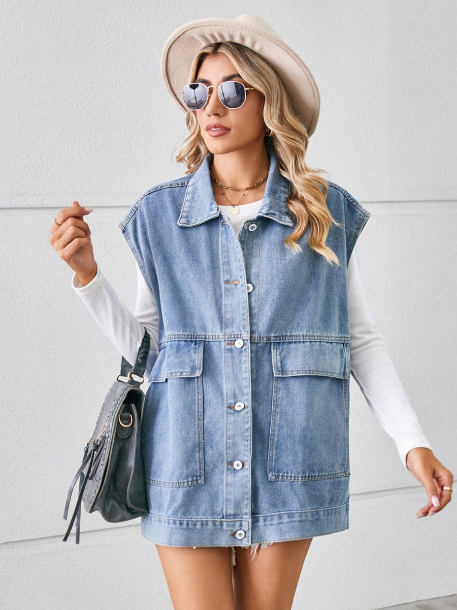 Pocketed Button Up Sleeveless Denim Jacket - Outerwear