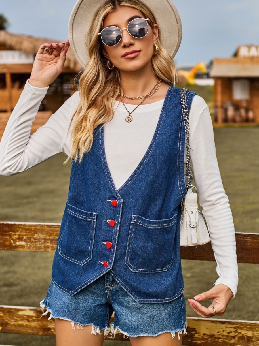 Pocketed Button Up Sleeveless Denim Jacket - Outerwear