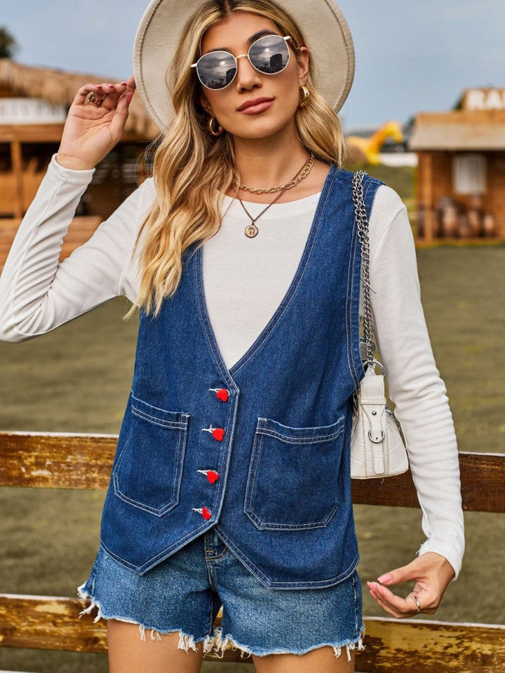 Pocketed Button Up Sleeveless Denim Jacket - Outerwear