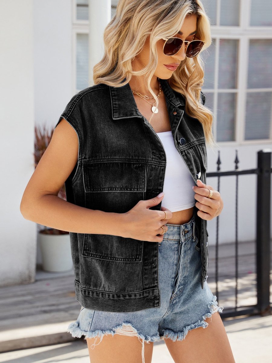 Pocketed Button Up Sleeveless Denim Jacket - Outerwear