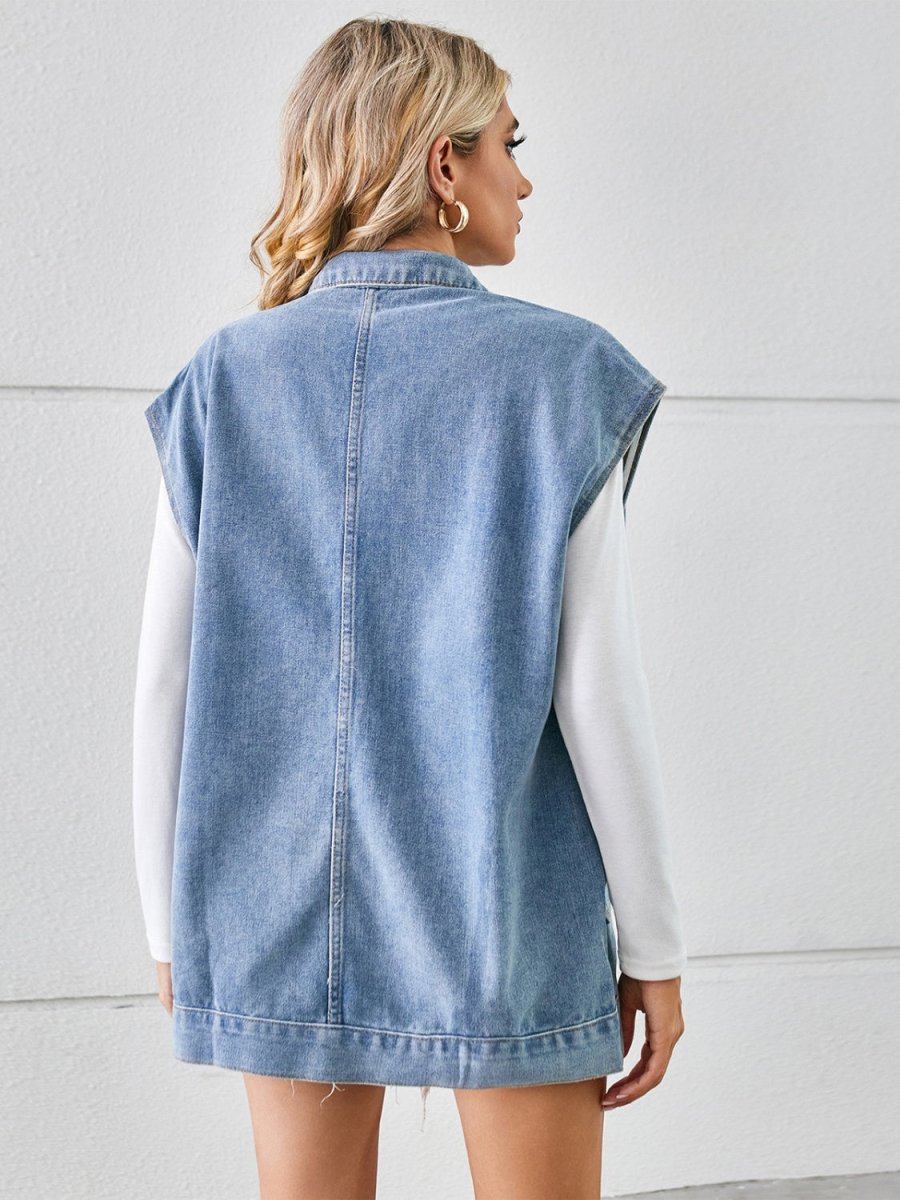 Pocketed Button Up Sleeveless Denim Jacket - Outerwear