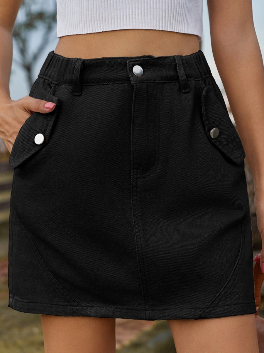 Pocketed Buttoned Mini Denim Skirt - Bottoms