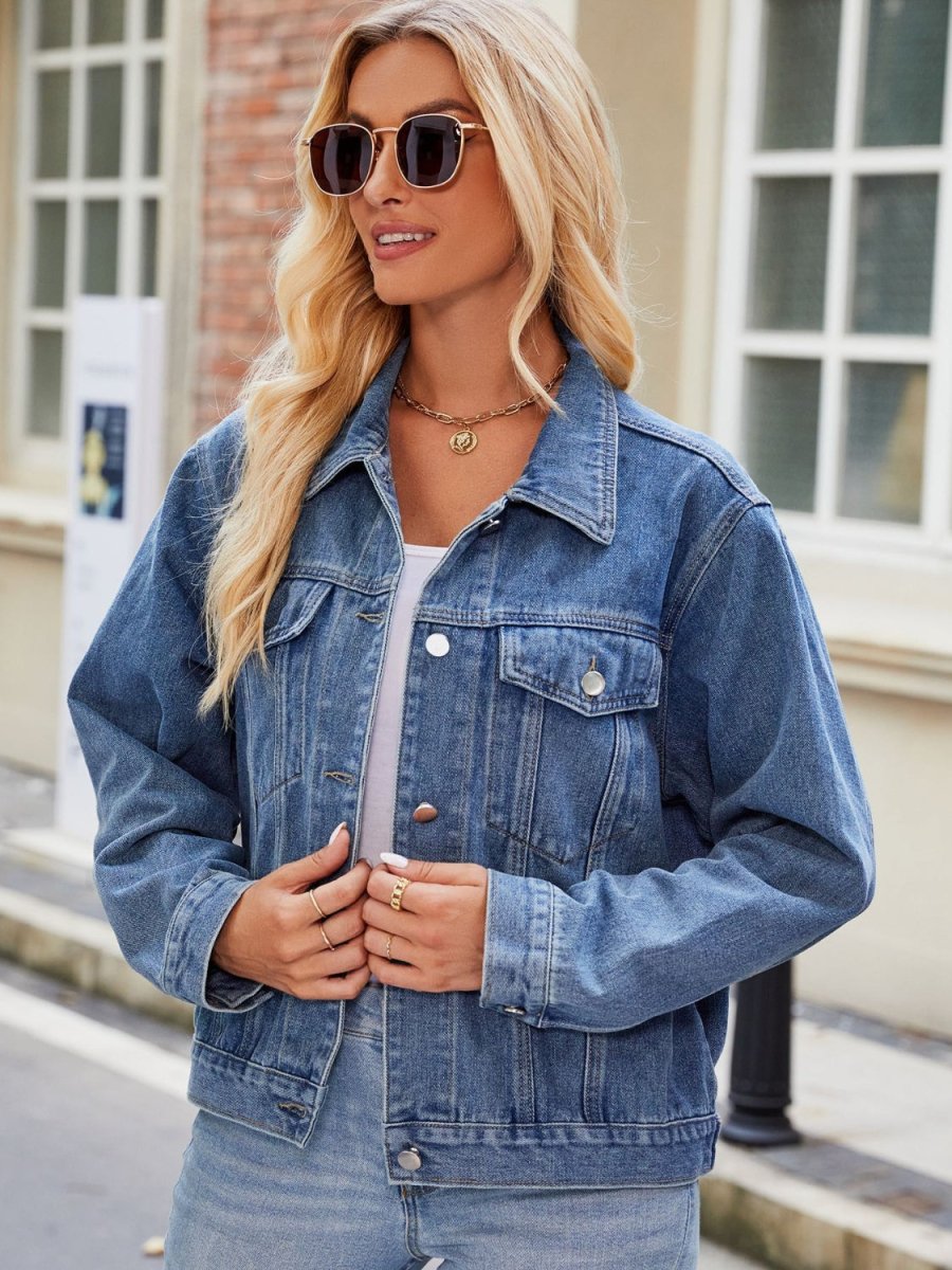 Pocketed Collared Neck Denim Jacket - Outerwear