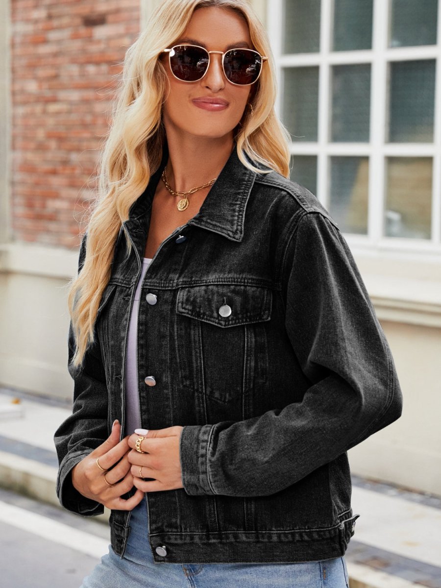 Pocketed Collared Neck Denim Jacket - Outerwear