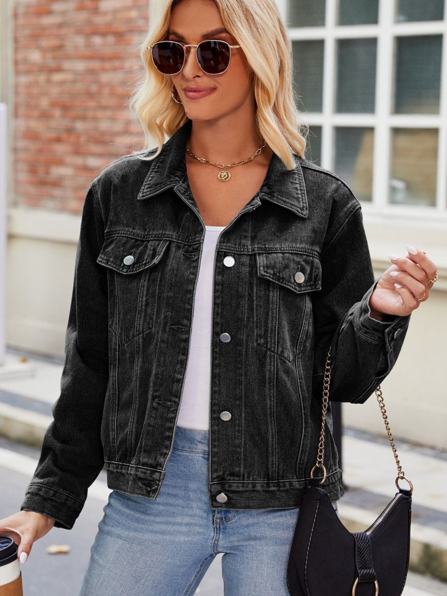 Pocketed Collared Neck Denim Jacket - Outerwear