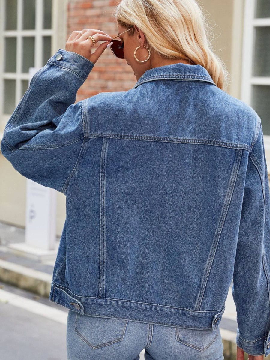 Pocketed Collared Neck Denim Jacket - Outerwear