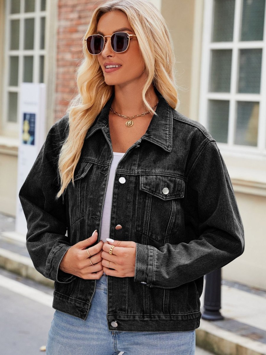Pocketed Collared Neck Denim Jacket - Outerwear