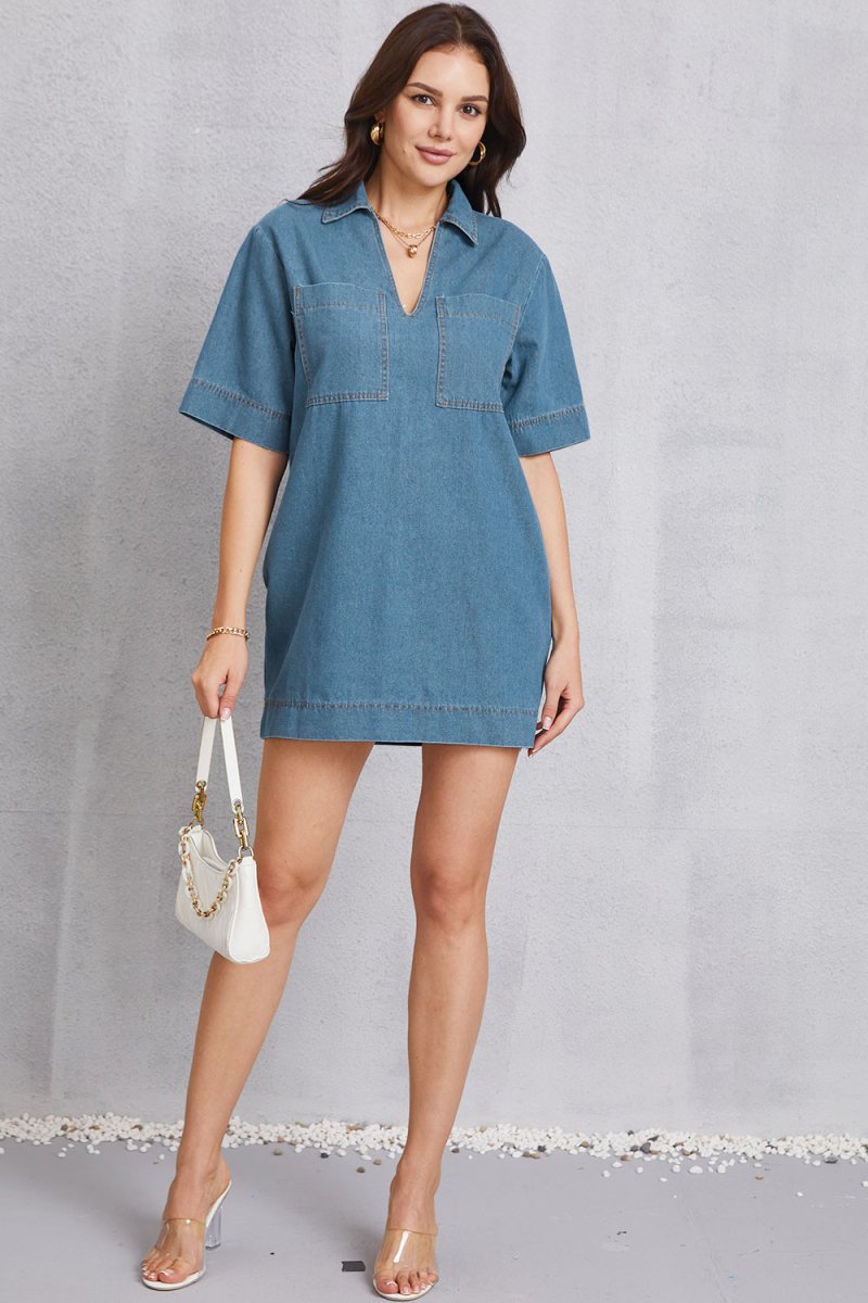 Pocketed Collared Neck Mini Denim Dress - Denim Dress