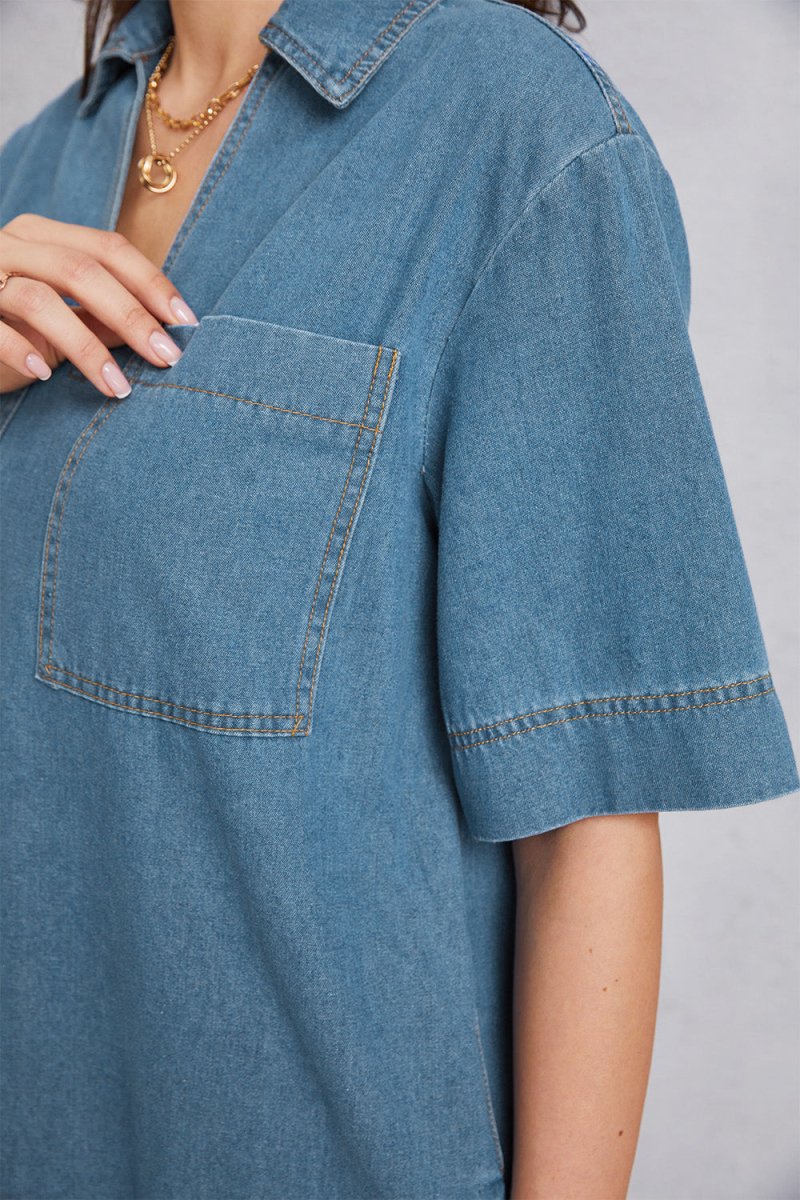 Pocketed Collared Neck Mini Denim Dress - Denim Dress