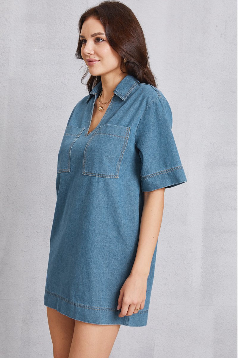 Pocketed Collared Neck Mini Denim Dress - Denim Dress