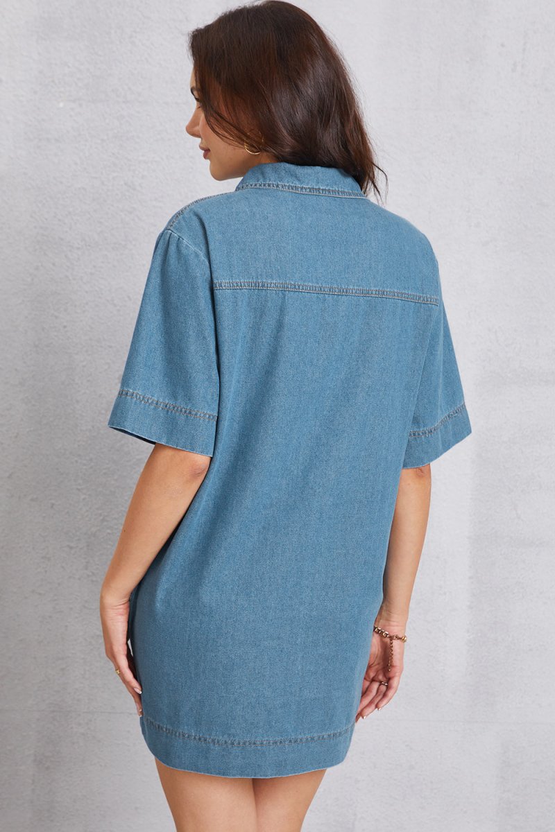 Pocketed Collared Neck Mini Denim Dress - Denim Dress