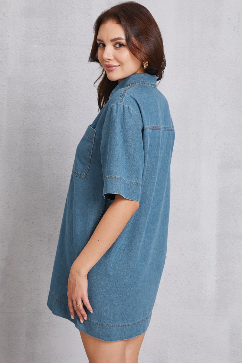 Pocketed Collared Neck Mini Denim Dress - Denim Dress