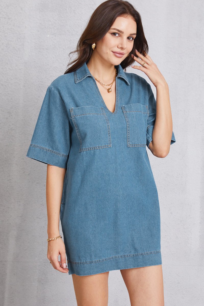 Pocketed Collared Neck Mini Denim Dress - Denim Dress